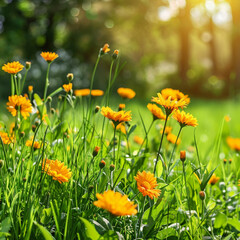 bright picture spring grass field with orange flowers