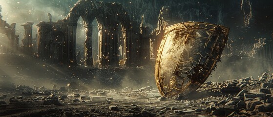 A broken shield with lessons of defeat engraved, amidst the ruins of an ancient battle - obrazy, fototapety, plakaty