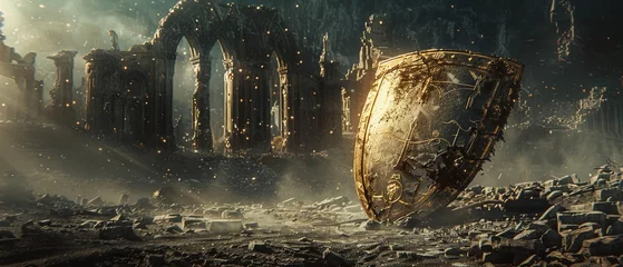 Fotobehang A broken shield with lessons of defeat engraved, amidst the ruins of an ancient battle © Sataporn