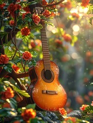 A heavenly sounding guitar beckons you to listen, played by a dreamy musician. What secrets does the melody hold, and where will it lead you?, 3D all rendered in the style of a cartoon