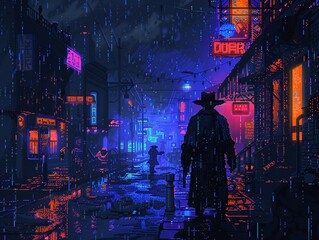 A noir detective confronting a gunman, in a rain-soaked city of neon lights
