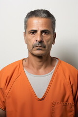Fototapeta premium Prison mugshot of middle aged middle eastern man in orange jumpsuit