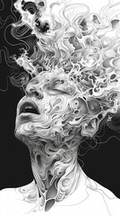 An electric brain pulsating with energy, 2d line doodle art style