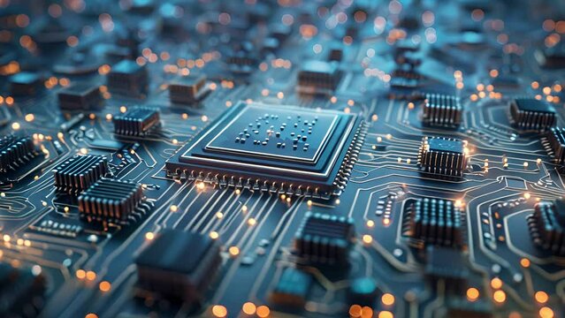 Pulling back from a gray and blue futuristic circuit board with many microchips