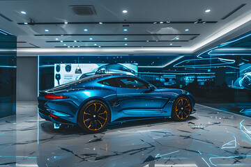 Ravishing Showcase of a Futuristic Metallic Blue Luxury Car in a Modern Showroom - obrazy, fototapety, plakaty