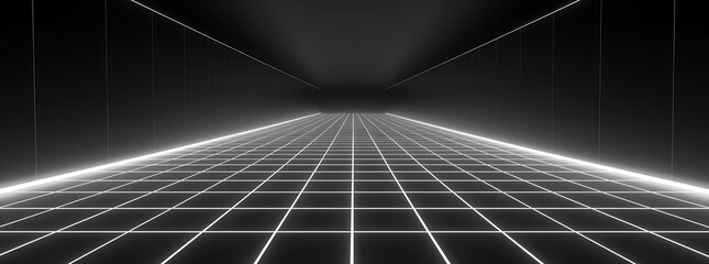 Naklejka premium 3d abstract black and white background. Retrowave retro 80s 90s futuristic grey laser neon grid surface. Wireframe tunnel net in dark space isolated black Disco music template