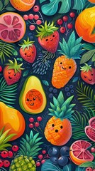 Fruits and flora with faces that call out tempting the peckish, 2d draw pastel color style - obrazy, fototapety, plakaty