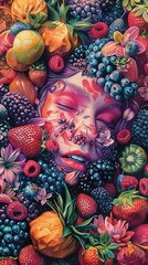 Fruits and flora with faces that call out tempting the peckish, 2d draw pastel color style - obrazy, fototapety, plakaty