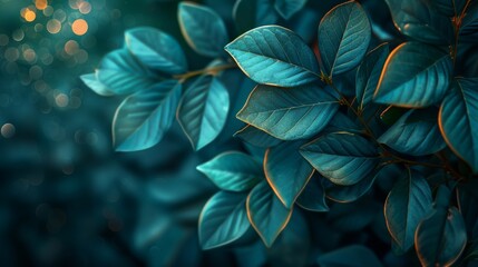 Teal leaves with subtle orange veins against a bokeh background. Soft-focused botanical leaves in teal with vibrant accents. - obrazy, fototapety, plakaty