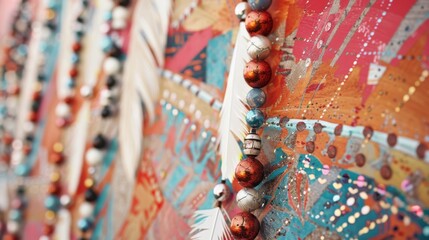 Fototapeta premium Varied textured beads on an abstract painted canvas. Macro shot of handmade jewelry in boho style