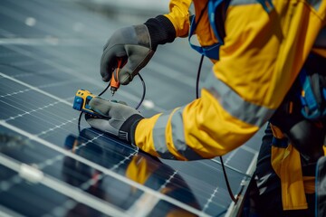 Close up of engineer installing solar panels on the rooftop. Electrical technician at work, alternative renewable energy generation concept. Generative AI. 