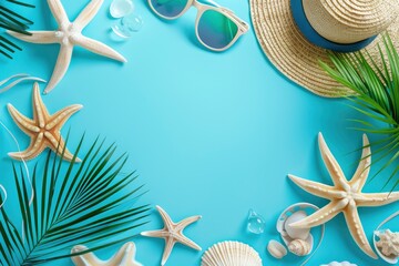 blue background with beach vacation symbols - generative ai