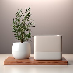 white box with wooden shelf and green plant UHD Wallpaper