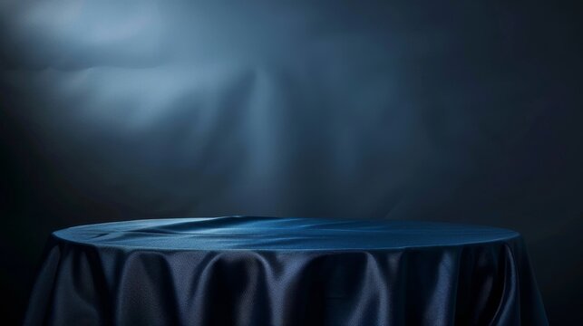 Dark blue satin fabric on circular table with theatrical smoke. Elegant dark blue satin on table with smoke and lighting.