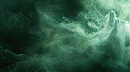 Fototapeta premium Abstract white transparent ghost figure flying in the dark, light green and black color scheme