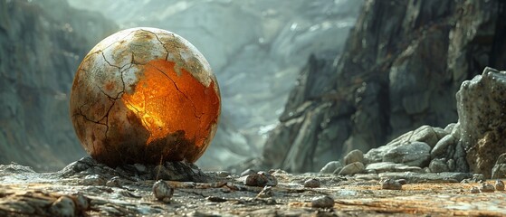 Your journey leads you to the cracks of the world, where a golden dinosaur egg rests. What ancient secrets does this relic of a bygone era conceal?, 3D Texturing and Shading - obrazy, fototapety, plakaty
