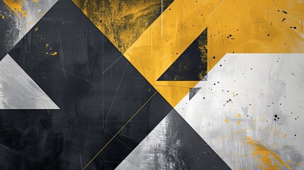 Black and white geometric abstract with yellow accents and textured details. Stark geometric contrasts with yellow splashes over a textured black and white angular backdrop.