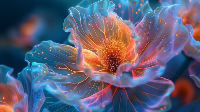 Close-up ethereal flower merging neon cells, organism.