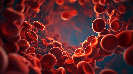 3D rendering of red blood cells in vein with depth of field - obrazy, fototapety, plakaty