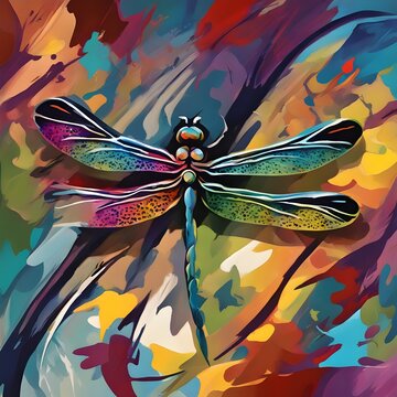 An abstract painting of a beautiful dragonfly in autumn colors. A vibrant work of art for a children's book, or a nature related decoration for a kids play room.