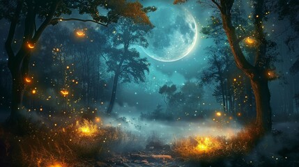 Autumn magical forest background with big moon