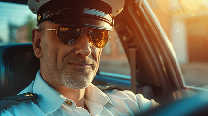 handsome middle-aged policeman in uniform and sunglasses is driving his car on a sunny day - obrazy, fototapety, plakaty