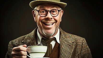 Happy English gentleman in decent woolen coat and hat drinking English tea on black background. - obrazy, fototapety, plakaty