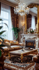 Fototapeta na wymiar Luxe Interior Design: Grand Chandelier and Velvet Sofa in Sumptuous Living Room