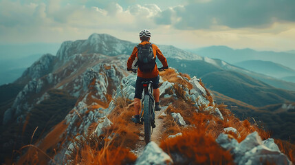 sense of adventure with a mountain biker navigating rocky trails - obrazy, fototapety, plakaty