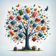 International literacy day concept with tree with books like leaves. Literacy, education, knowledge concept with color books on tree on white background created with generative ai