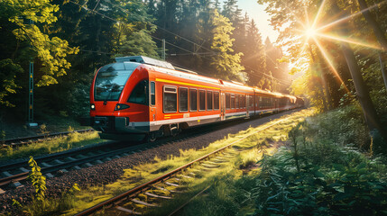 modern red train on the railway, summer time, forest and green grass around it - obrazy, fototapety, plakaty