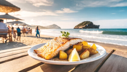 Fischfilet mit Kartoffeln, im Hintergrund Beachbar und Meer 