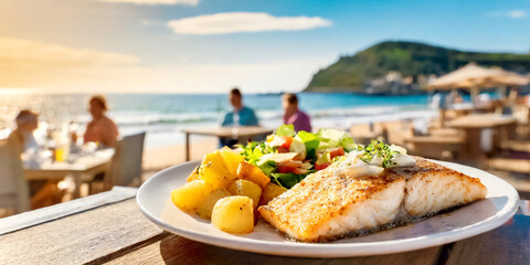 Fisch mit Kartoffeln und Salat, im Hintergrund Beachbar am Meer 