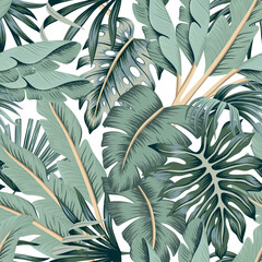 Tropical vintage palm leaves, banana leaves floral seamless pattern white background. Exotic jungle wallpaper. - 776390130
