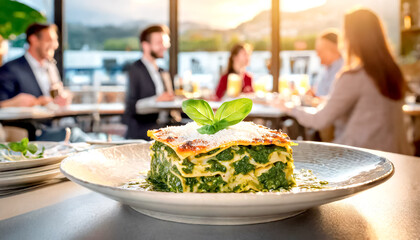 Lasagne mit Spinat im Hintergrund ein Restaurant mit Gästen  - obrazy, fototapety, plakaty