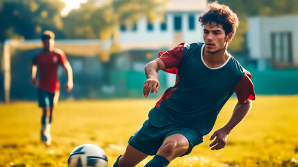 Young man kicking soccer ball on top of grass covered field.