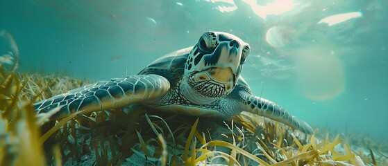 Elderly Hawksbill Sea Turtle feeding on seagrass in slow motion. Concept Wildlife Photography, Marine Life, Slow Motion Footage, Sea Turtle Feeding, Ocean Conservation