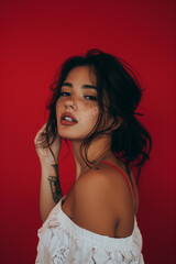 Fototapeta premium attractive woman red background