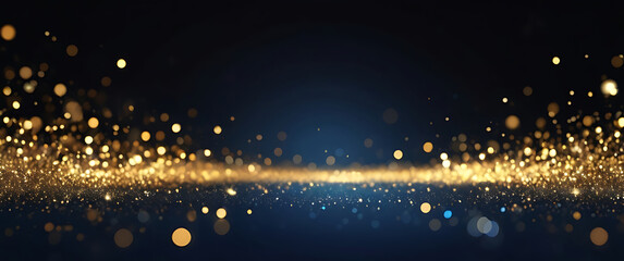 abstract background with Dark blue and gold particle. Christmas Golden light bokeh on navy blue...