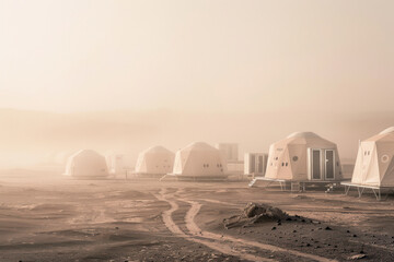 Mars colony with domed habitats enveloped in morning mist. - obrazy, fototapety, plakaty