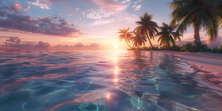 A sunset on the beach with palm trees and a sunset 