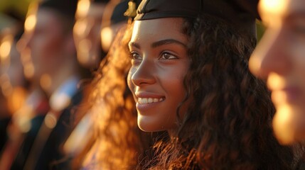 Close-up faces of graduates glowing with joy and pride, sunlight accentuating their diverse features and emotions. The moment is frozen in time, showcasing the universal feeling of accomplishment.