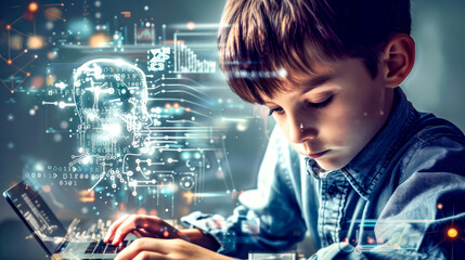 Young boy using laptop computer with digital interface in the background.