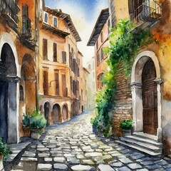 Watercolor painting of alley in Rome