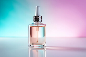 Naklejka premium pipette bottle on pink and blue gradient background.