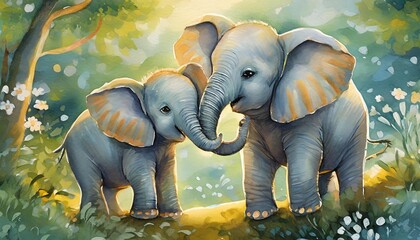 Watercolor painting of two baby elephants