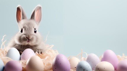 Adorable Easter Bunny Surrounded by Colorful Pastel Eggs. - Powered by Adobe