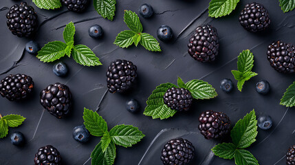 Background with berry pattern. Fresh juicy blackberries, blueberries and green leaves