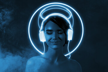 Creative collage image of peaceful girl listen music audio dj nightclub isolated neon blue neon fog...