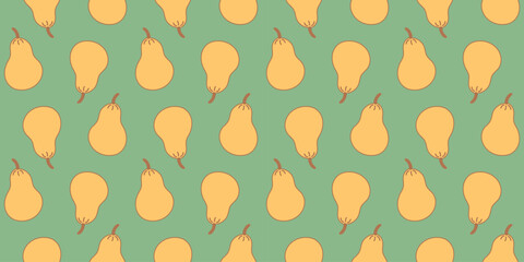 Pear Pattern. Seamless print Yellow fruit on green background. Duchess. Vegan healthy food. Fruit harvest. Farm garden products. Color image. Doodle style. Vector illustration